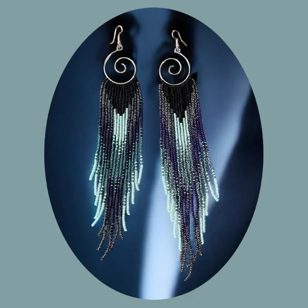 Who’s got the blues? Hand Beaded Chandelier Beaded Earrings Blues Purples - Picture 3 of 17